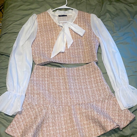 Tie Neck Colorblock Spliced Tweed Crop Top & Skirt